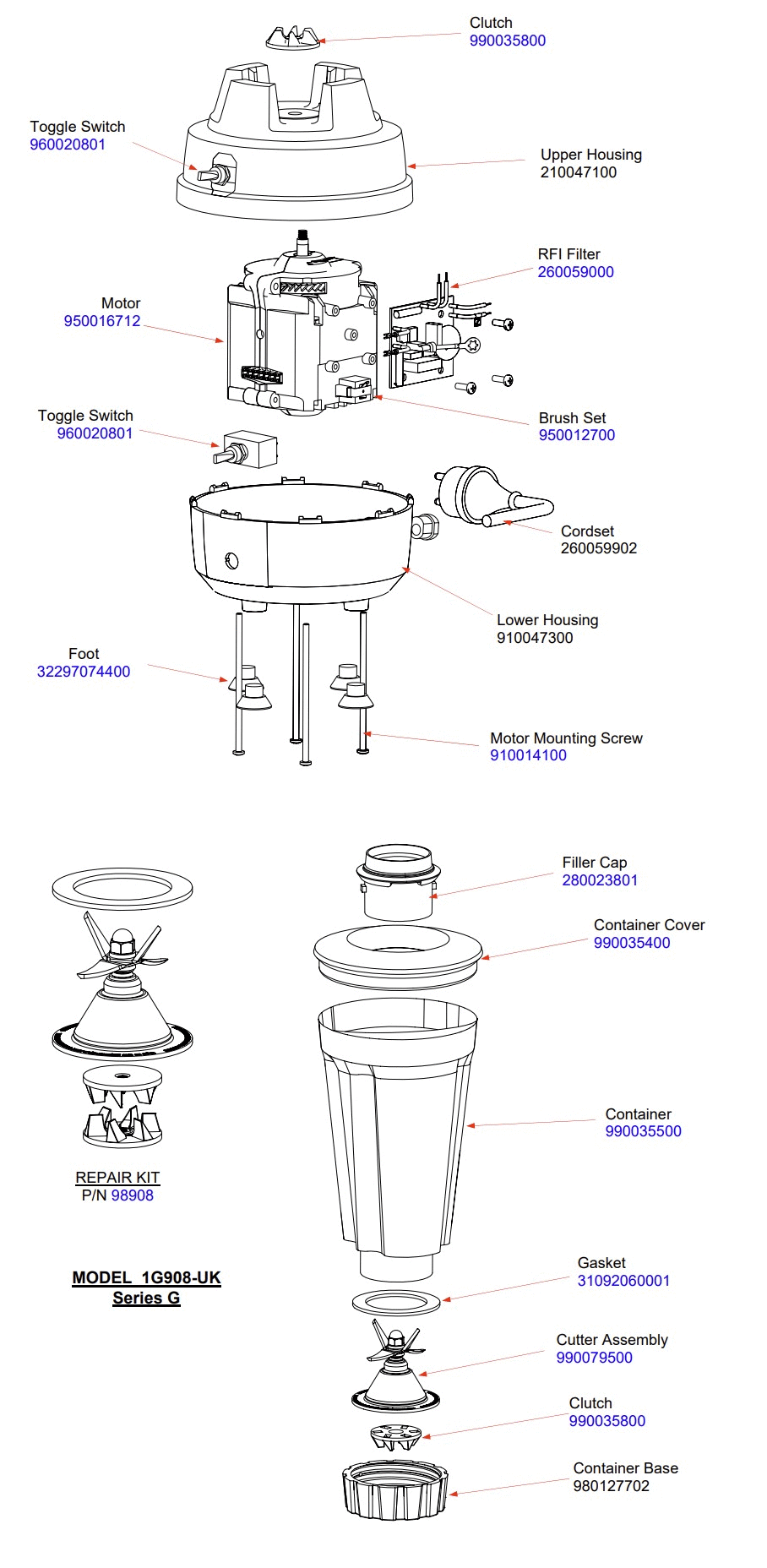 Diagram Diagram and Parts List for 1G908-UK-G  Hamilton Beach Blender